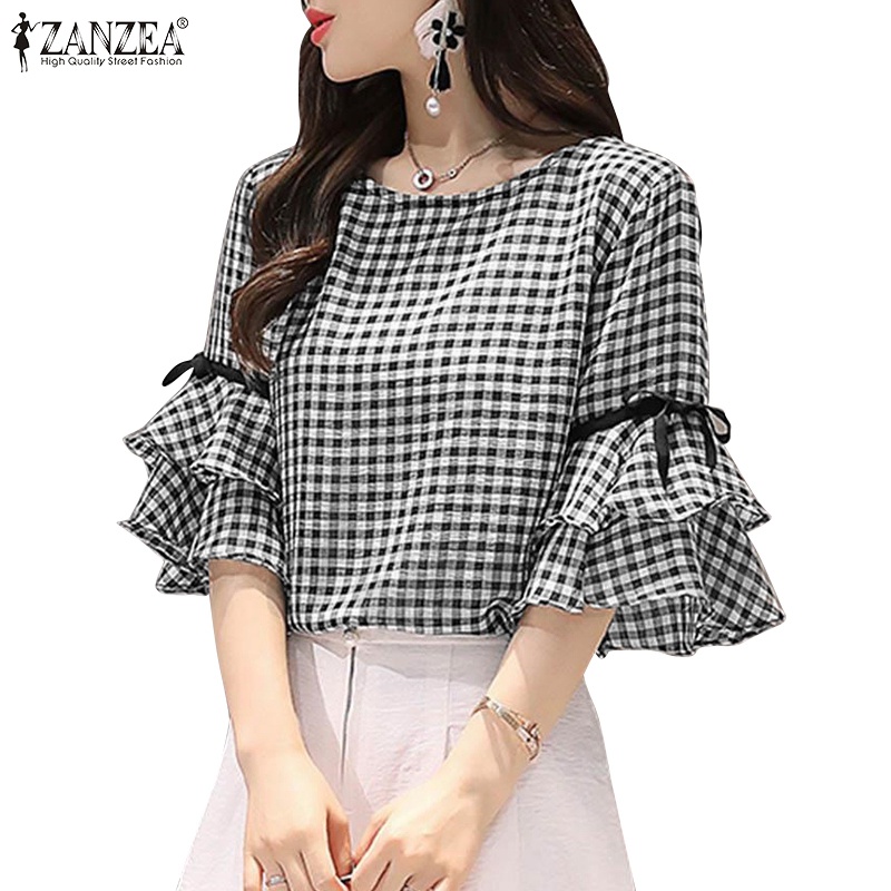 Zanzea เสื้อเบลาส์ลําลอง แขนแต่งระบาย พิมพ์ลายตาราง ทรงหลวม สไตล์เกาหลี สําหรับผู้หญิง