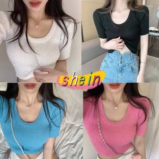 Shein🔥 เสื้อยืดแขนสั้นสไตล์เกาหลีสําหรับผู้หญิง เสื้อเชิ้ต เสื้อครอป 👕เสื้อยืดคอกลมแขนสั้นผู้หญิงใหม่ 9317-1