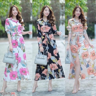 maxi dress เดรสยาวคอปกแขนยาวพิมพ์ลายดอกไม้