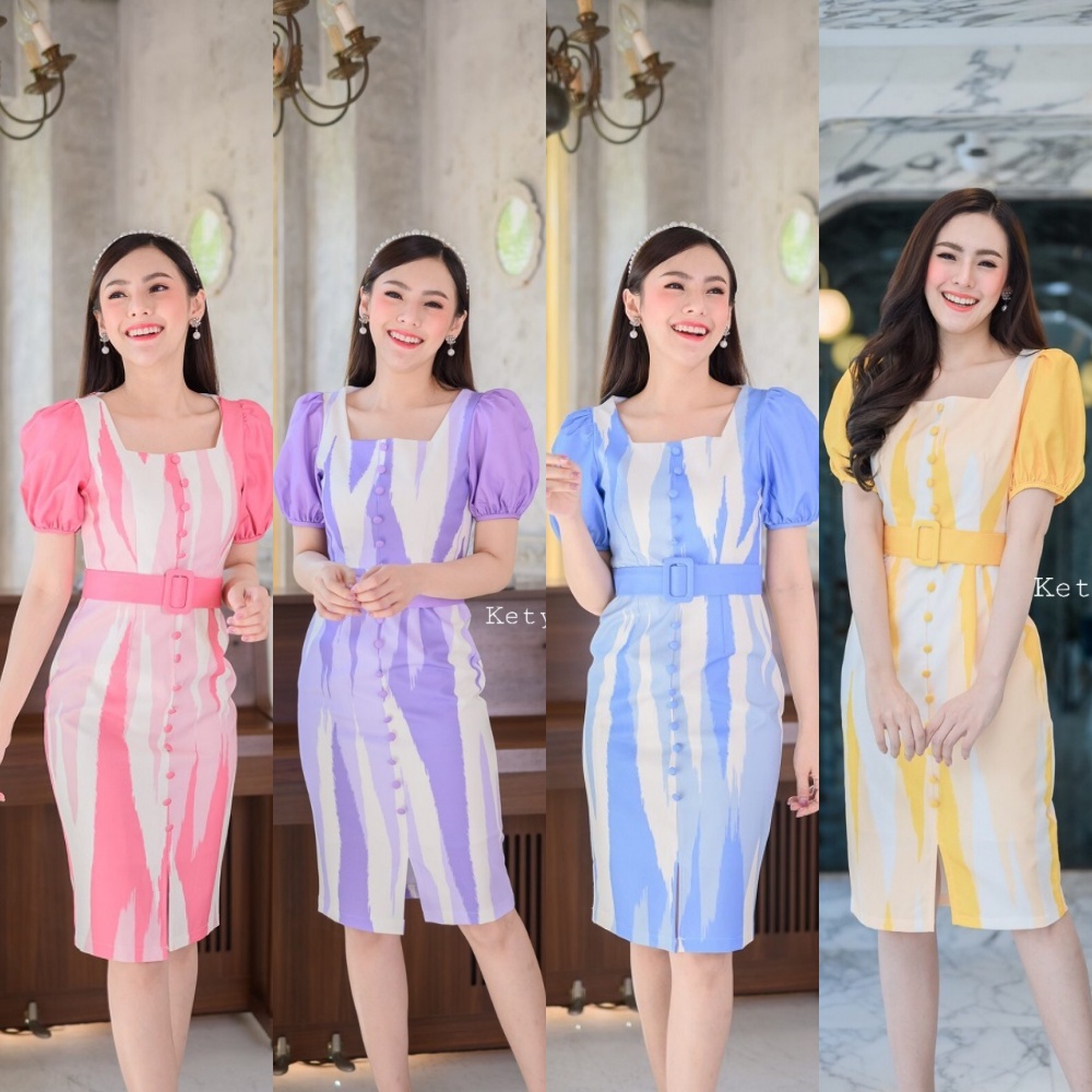 เดรสงานป้ายผ้าไหมญี่ปุ่น คอเหลี่ยม อัดกาวทั้งชุด สีพาสเทลสวยน่ารักมาก SPC05