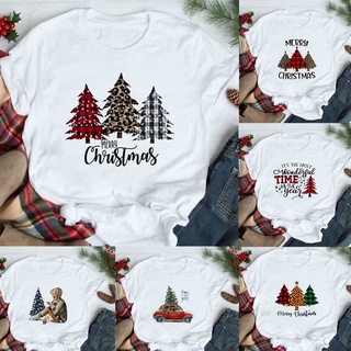 Merry Christmas Plaid Tree Printed T-Shirt Fashion Graphic Women Top Tshirt Female Kawaii Tee Ladies Xmas T-shirt 471