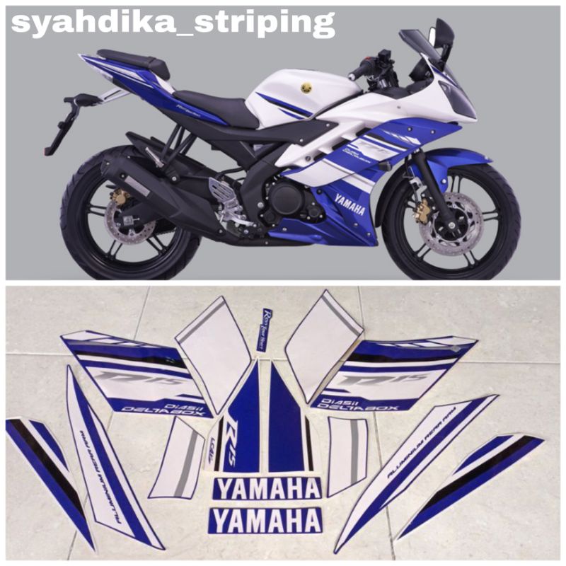 Putih Yamaha R15 R 15 2014 สติกเกอร์แต่งขอบตัวถัง สีฟ้า และสีขาว