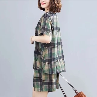 Asheep_shop🌴ชุดเซต2ชิ้น เสื้อผ้าแฟชั่นกีฬาลำลองสำหรับผู้หญิง ลายสก๊อต มีสองสี เนื้อผ้าดีระบายอากาศใส่สบาย รุ่นใหม่