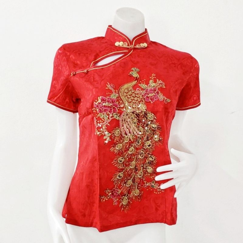 เสื้อคอจีนปีกนกยูง พร้อมส่ง