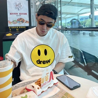 เสื้อยืดแขนสั้น พิมพ์ลายโลโก้หน้ายิ้ม Drew สไตล์สตรีท แฟชั่นสําหรับผู้ชาย