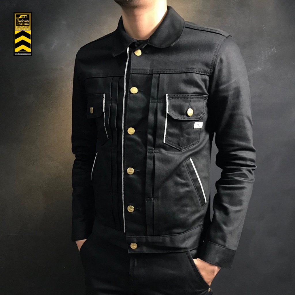 GRJ002 4 Pockets แจ็คเก็ตยีนส์ เสื้อ Denim Jacket Selvedge All Black (Gasoline & Garage) ปั๊มน้ำมันแ