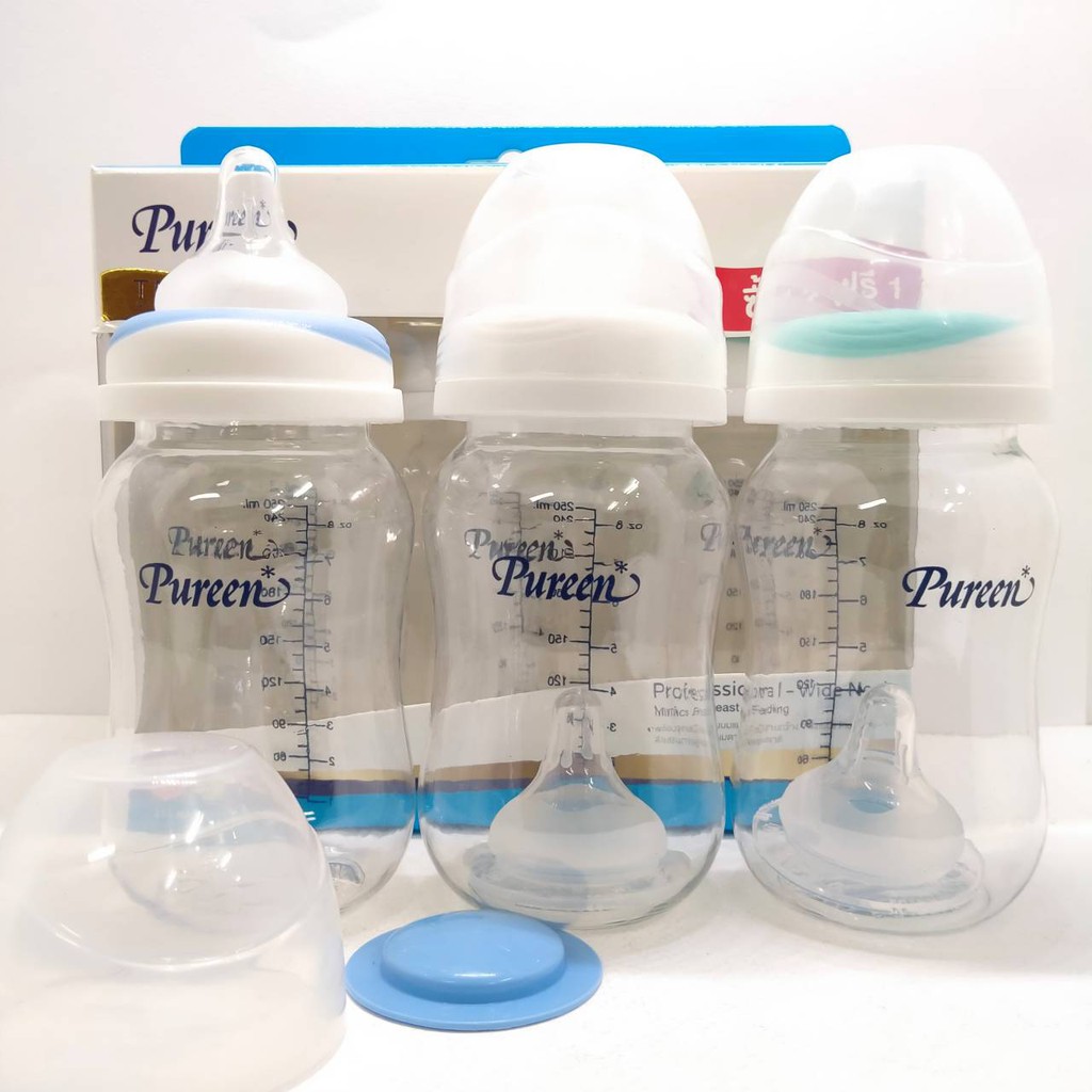 PUREEN 2แถม1 เพียวรีนขวดนม Tritan คอกว้างใส 8oz,4oz พร้อมจุกเนเชอรัลพลัส S-M(รุ่น2แถม1ในแพ็ค)