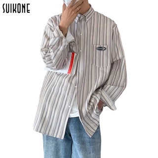 Suikone เสื้อเชิ้ตชายแขนยาวลายทางหลวมและสบาย ๆใส่สบาย ระบายอากาศดี