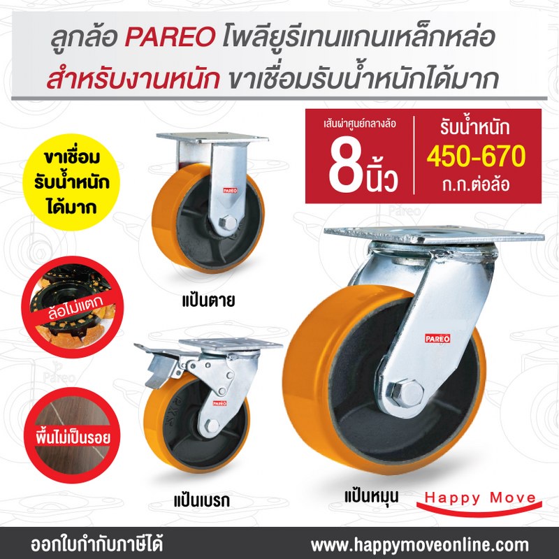 ลูกล้อ8นิ้ว ล้อโพลียูรีเทนแกนเหล็กหล่อ ล้อไม่แตก ล้อขาเชื่อม ล้อสำหรับงานหนัก รับน้ำหนัก 450-67 กก.