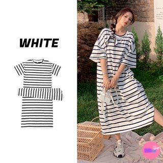 🚩Sale80%🚩เดรสยาวทรงตรงลายทาง คอกลมแขนสั้น ใส่แบบผูกเอวได้ (มีสายผ้าผูกเอว)
