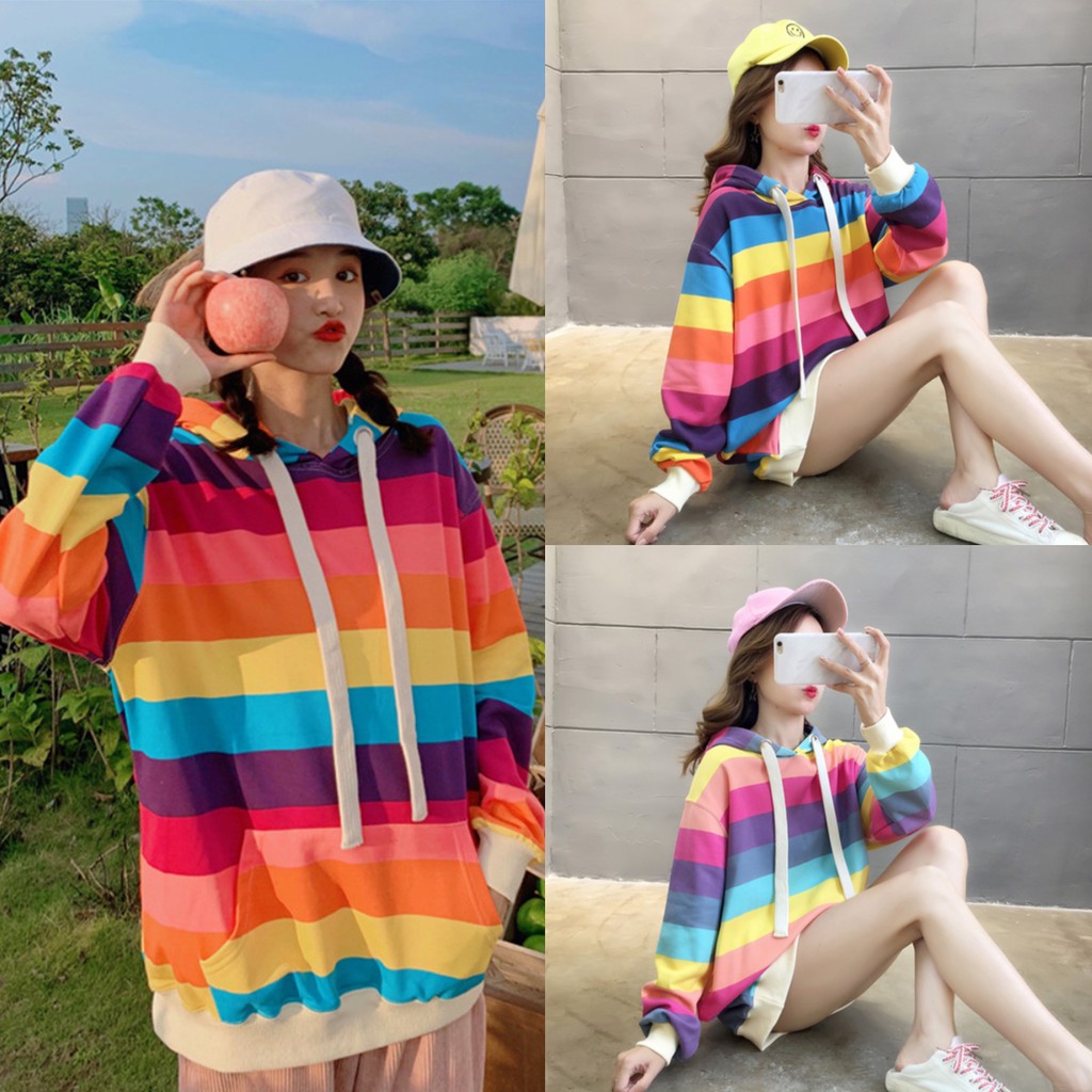 🔥Hot Sale /🌈 คลุมด้วยผ้าสายรุ้งลายเสื้อยืดผู้หญิงชุดผ้าฝ้ายยาวกระโปรงนางฟ้าหลวมด้านบน