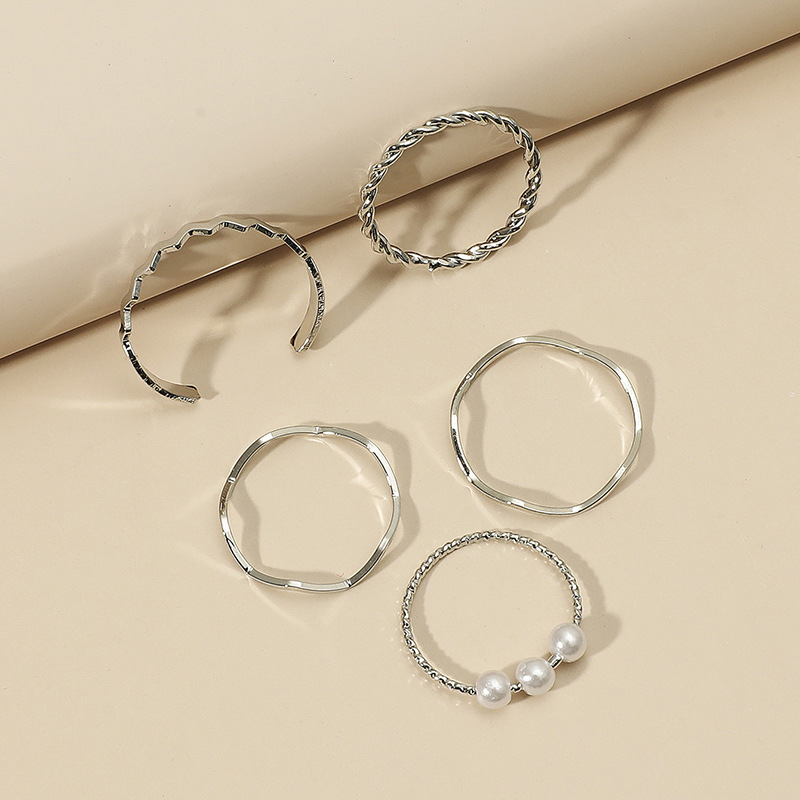 (MHANG) 5PCS/แหวนโลหะผสม สีเงิน ประดับไข่มุก แฟชั่น สําหรับผู้หญิง - รูปที่ 3