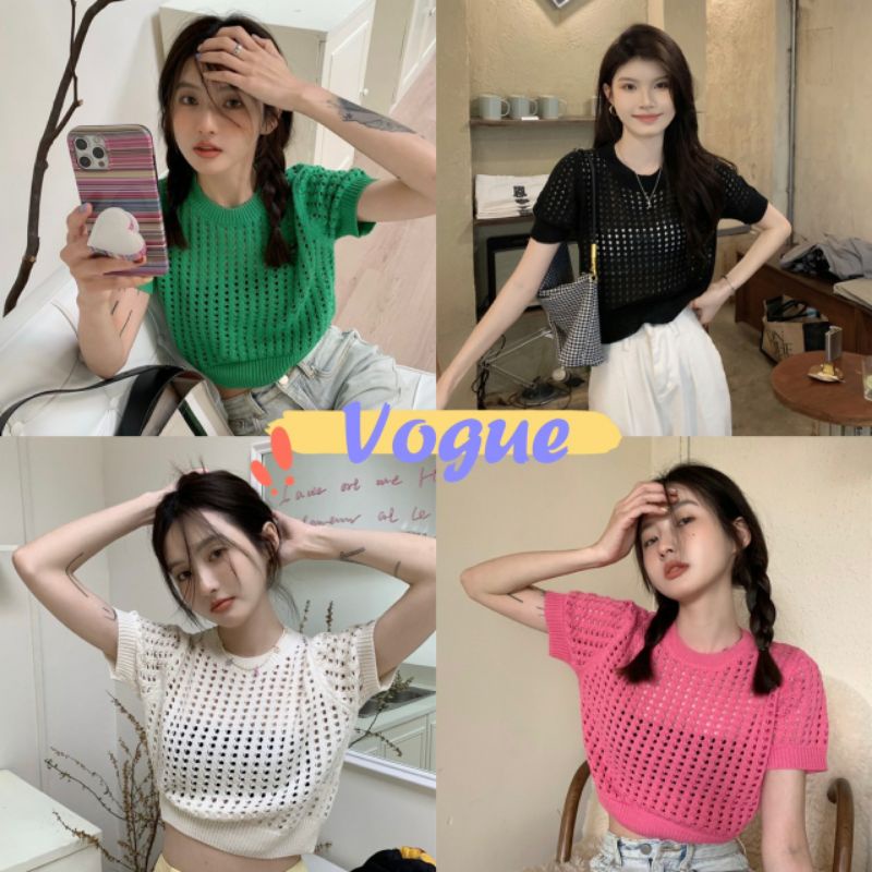 Vogue🌟พร้อมส่ง🌟 เสื้อถักไหมพรมแขนสั้น ซีทรูเบาๆสไตล์เกาหลีมาก (99025/99025-1-C) -N