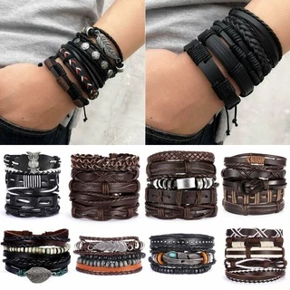 1/3/4/5/6 ชิ้น 1 ชุด รวมกัน สร้อยข้อมือ ผู้ชาย พังก์ หนัง ลูกปัด ใบไม้ ถัก สายรัดข้อมือ กําไลข้อมือ สร้อย ขายส่ง
