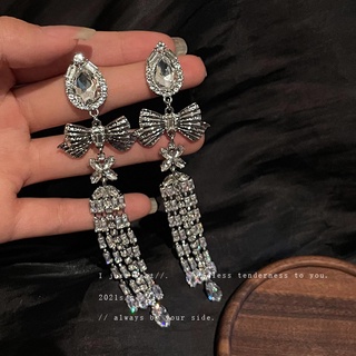 925 silver needle diamond bow tassel earrings long thin earrings wind earrings temperament for girls for women low price