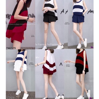 PP2575 set 2ชิ้น เสื้อลายริ้วขาวกรมทรงหางปลา+กางเกง