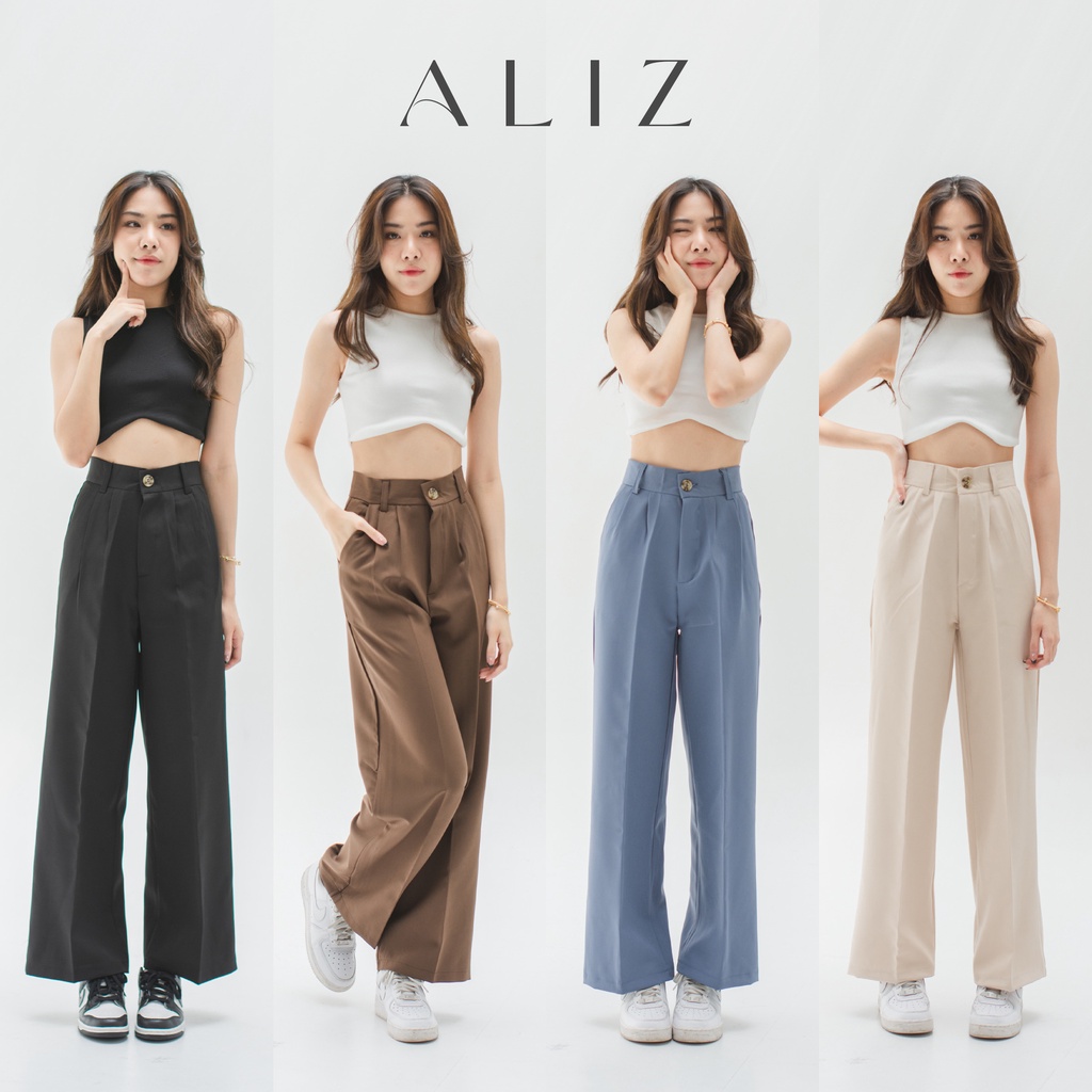 ALIZ_SP016 กางเกงขากระบอก กางเกงขายาว กระบอกใหญ่ เอวสูงเหนือสะดือ กระดุมหน้า เอวเล้กสะโพกใหญ่