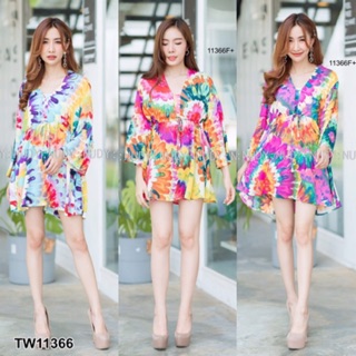 ❤️ TW11366 Dress เดรสสั้นคอวีโอเวอร์ไซส์ แขนยาว เนื้อผ้าสปันลายมัดย้อม เอวรูดผูกเชือก