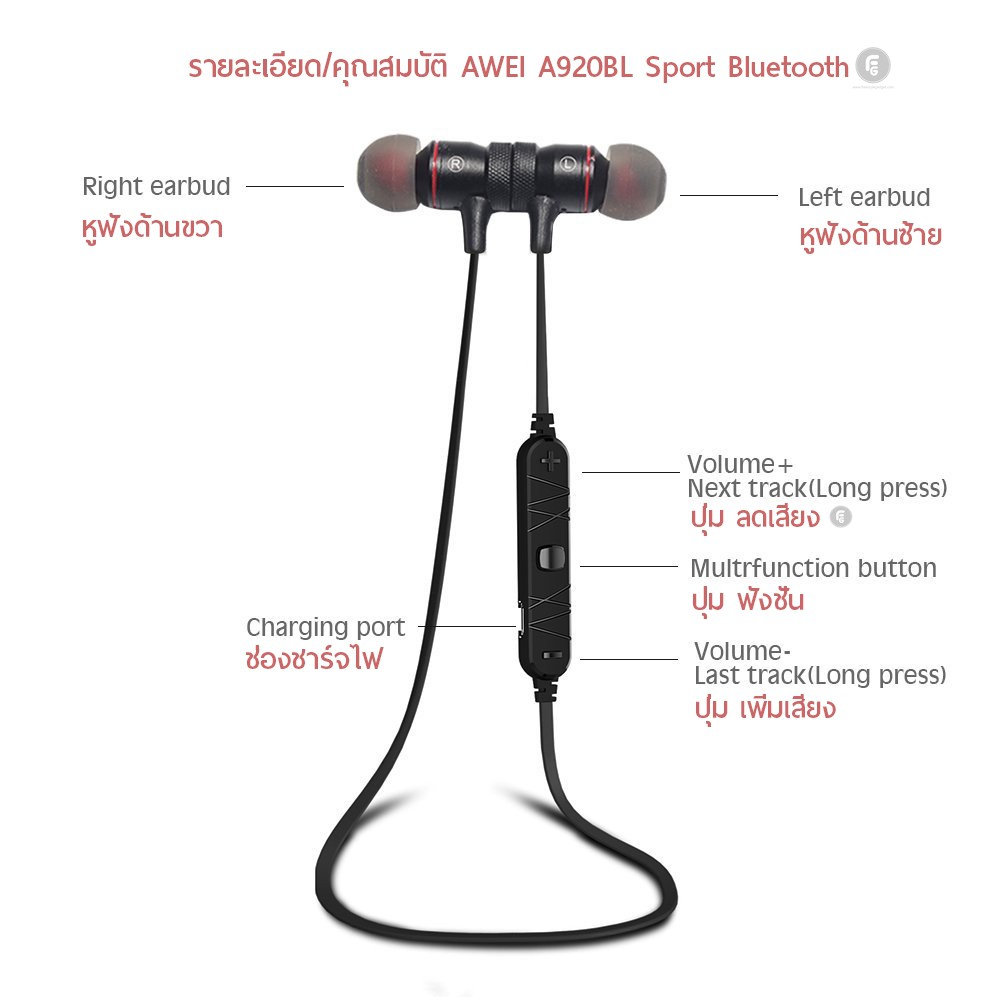 ของแท้100% Awei A920 BL หูฟังบลูทูธ หูฟังออกกำลังกาย มีแม่เหล็ก Magnet Sports In-Ear Bluetooth เสียงดี เบสตึบ