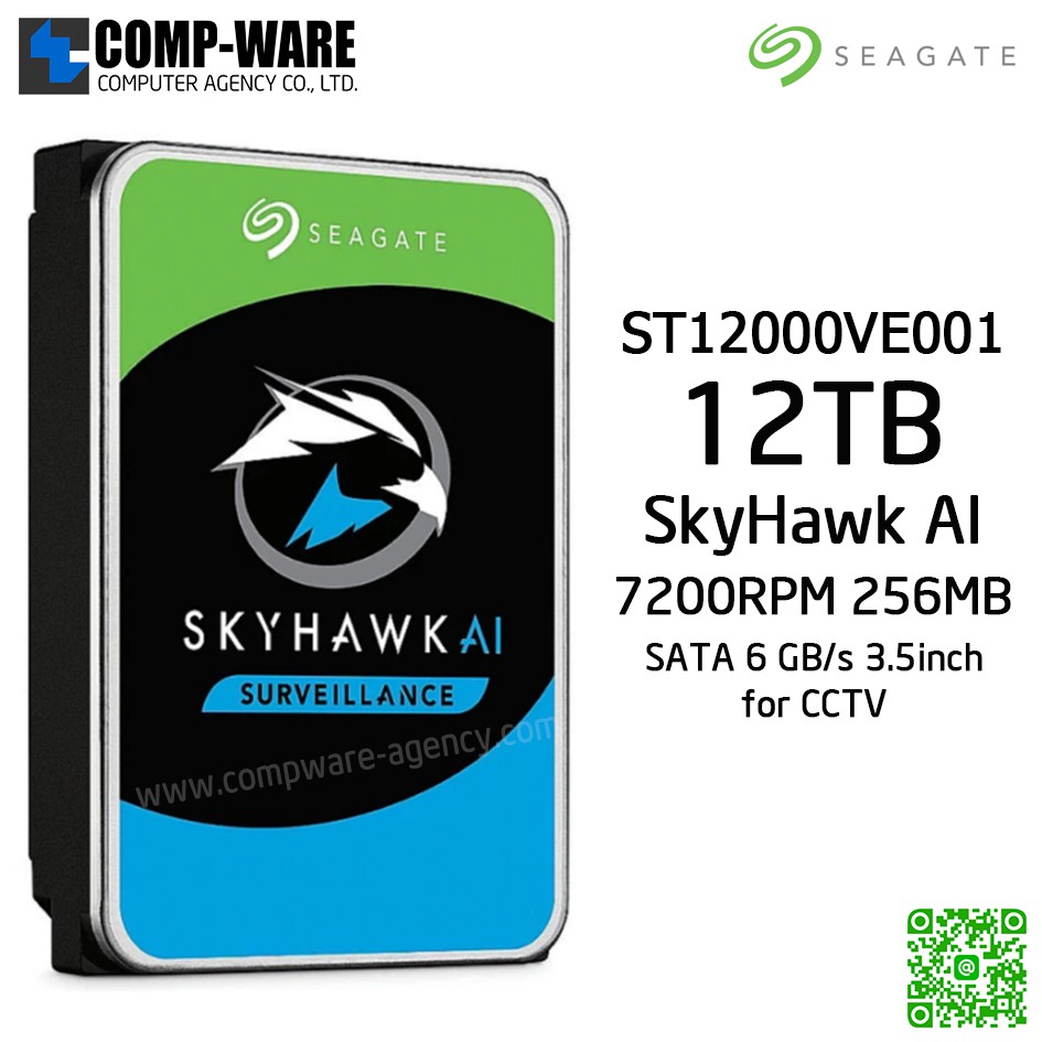 Seagate 12TB SkyHawk AI Surveillance SATA 6Gb/s 7200RPM 256MB Cache 3.5in Internal Drive - ST12000VE