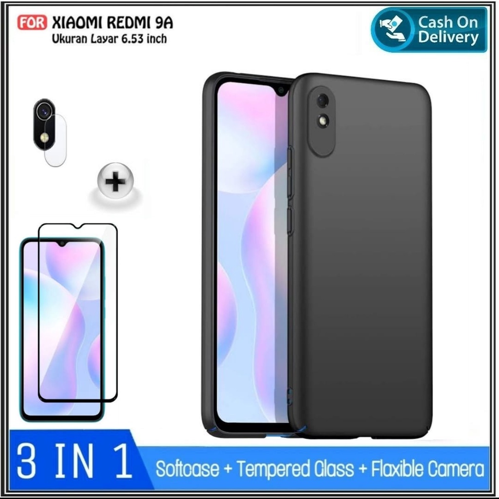 Riyanali_Shop 3IN1 PACKAGE Case Xiaomi Redmi 9A / 9C / 10C / 10A / 10 5G / 9 / 9T Soft Case Black Ma