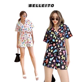 Set เสื้อเชิ้ตแขนสั้น +กางเกงขาสั้นทรงเอวสูงทรงสวยลายผ้า Balloon design by BELLEITO style เกาหลี