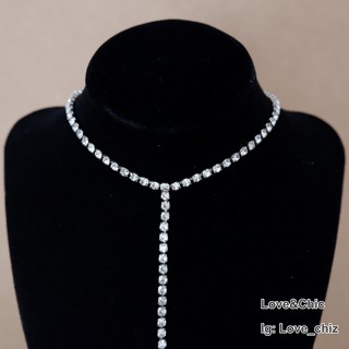 สร้อยโชคเพชรตัว T ห้อยระย้า เพชร 1 แถว Tina 1 Row Crystal Rhinestone Diamond Choker Necklace