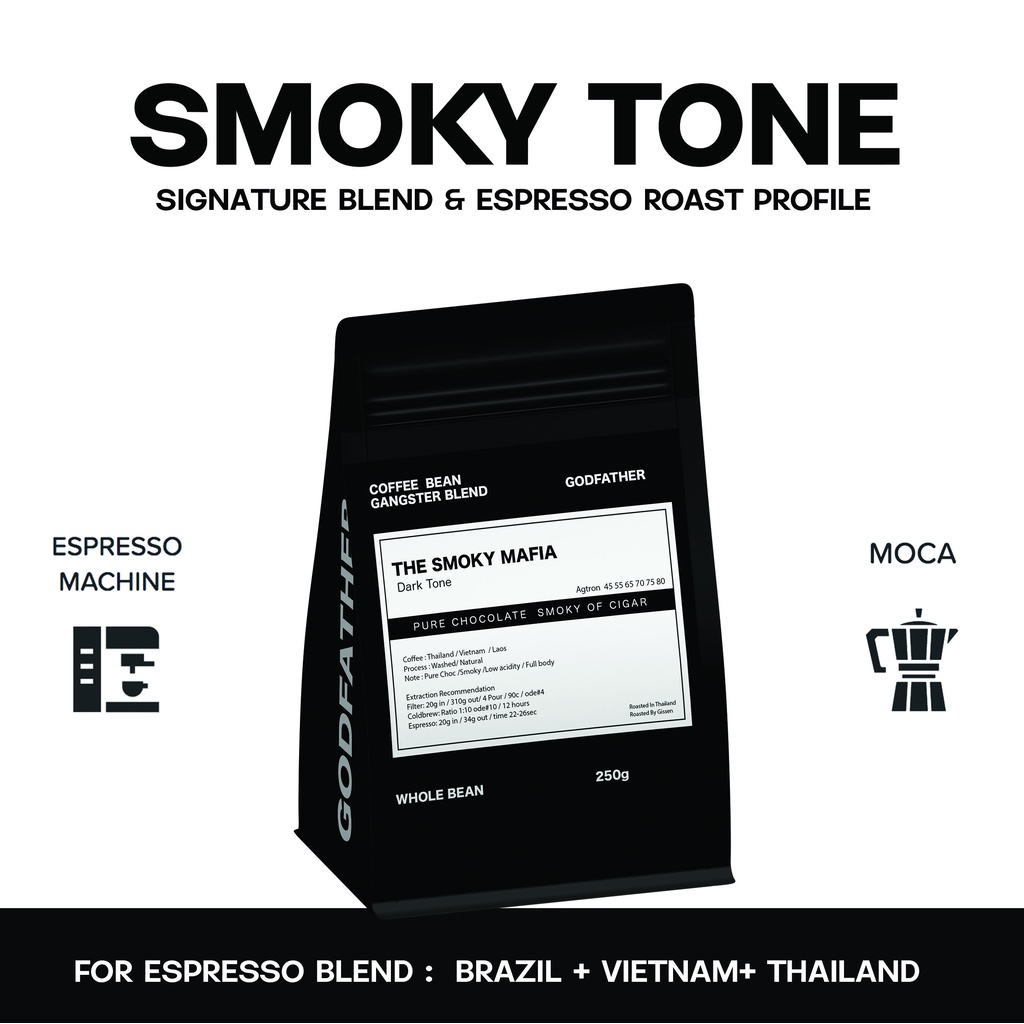 เมล็ดกาแฟคั่ว Smoky Tones สำหรับสกัดช็อต ( For Espresso) แบรนด์ Godfather Coffee