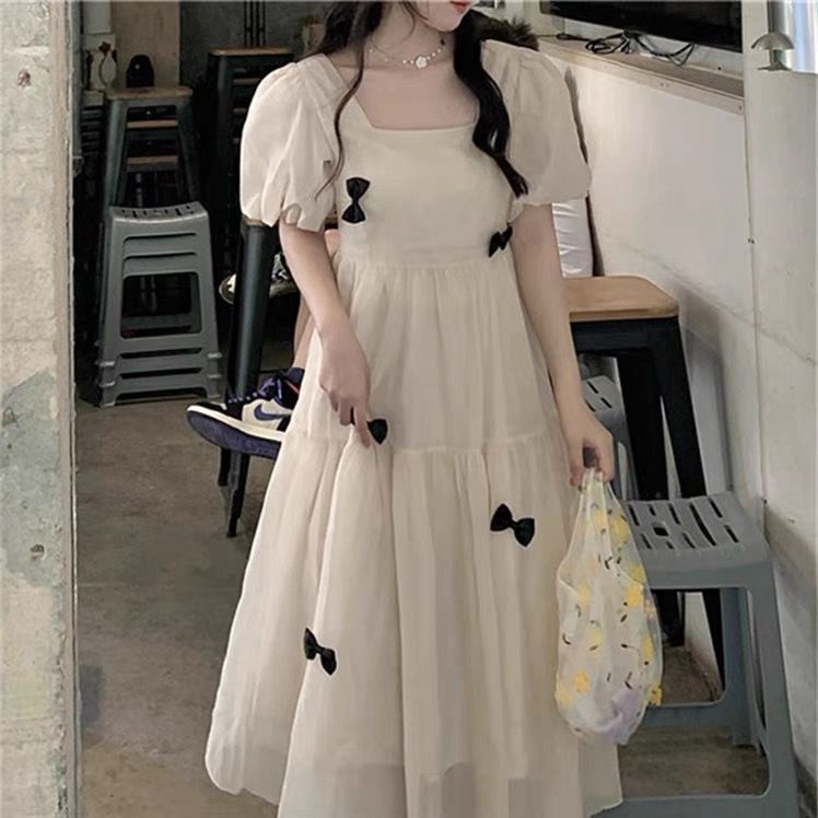 พร้อมส่ง L-4XL ชุดคลุมท้อง เดรสไซส์ใหญ่ โบว์หวาน กระโปรงนางฟ้าแขนพอง ใส่ได้ 100 กก.