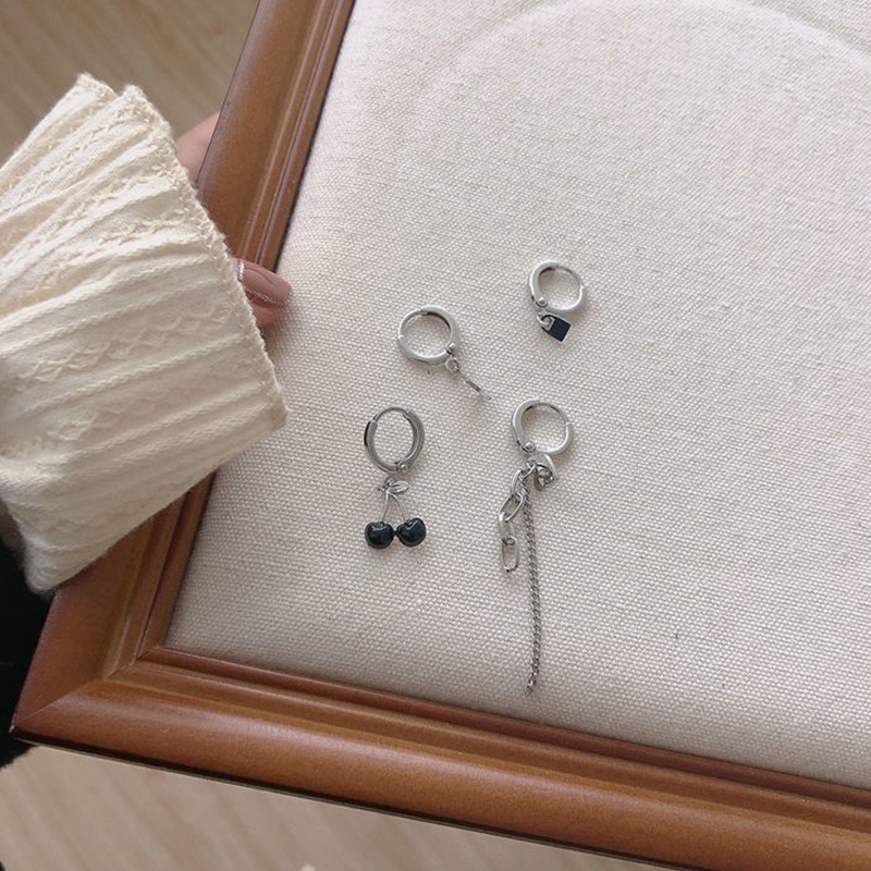 4PCS Black Cherry Earrings Set Simple Design Peach Heart Chain Earrings ราคา ถูกที่สุด ดีลบีเคเค แกลเลอรีภาพที่ 6