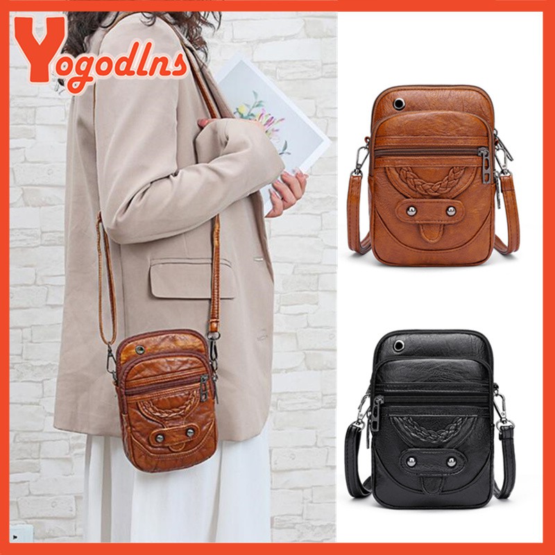 Yogodlns Mini Vintage Women กระเป๋าสะพายข้างคุณภาพสูงกระเป๋าสะพายกระเป๋าสีน้ําตาลสีดํา – โปรปัง