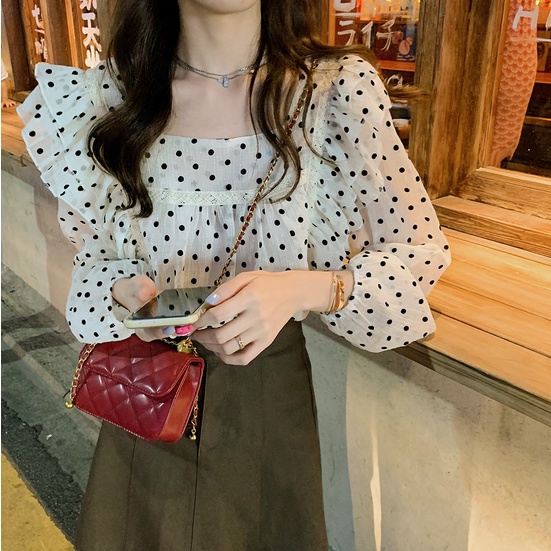 (พร้อมส่งจากไทย) เสื้อชีฟองลายจุดตกแต่งระบายสวยงาม [B37]