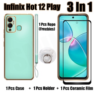 3 IN 1 Infinix Hot 12 Play เคส พร้อมกระจกนิรภัยกันรอยหน้าจอโค้ง เซรามิก และที่ยึด ซิลิโคนนุ่ม เคลือบไฟฟ้า เคสโทรศัพท์