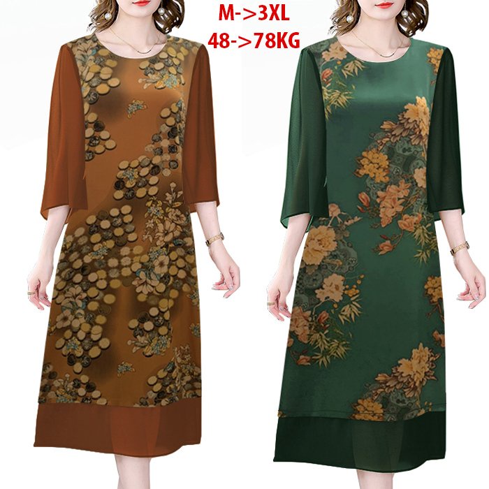 Bigsize - U50 U60 ชุดปาร ์ ตี ้ ผ ้ าไหมวัยกลางคนพิมพ ์ ลายสีสําหรับแม ่ U50-60 3336 3342