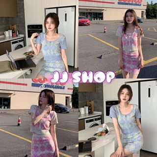 JJ Shop💜พร้อม เซ็ทเสื้อแขนสั้น+กระโปรง ลายตาราง สไตล์เกาหลีน่ารัก "89020+89020-1" -N