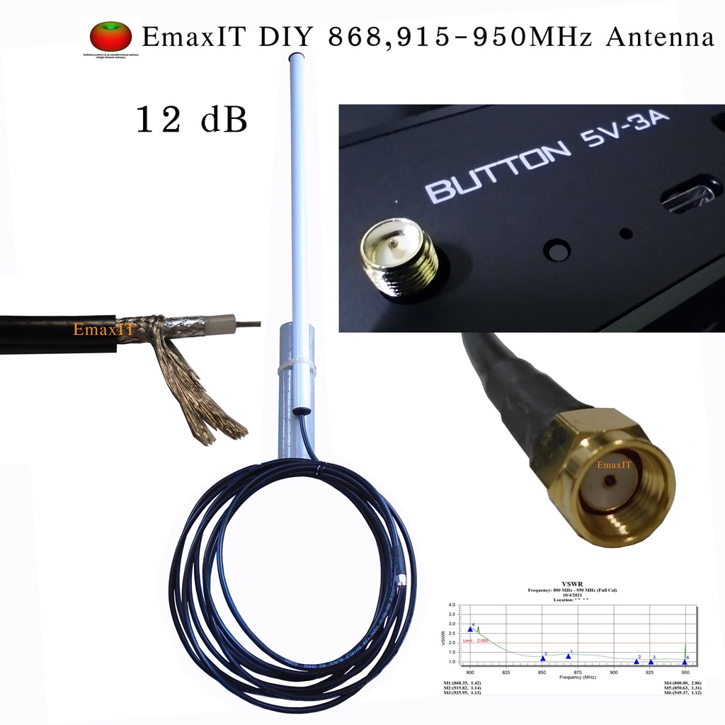 EmaxIT DIY LoRa AS923 MHz Ai Network Omni Antenna 10 dB สายยาว 5 เมตร RP-SMA Female