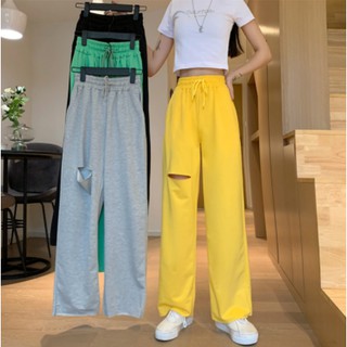 Womens High Waist Loose Elastic Waist Pants Korean Style Fashion Hole Wide Leg Pants กางเกงวอรม์