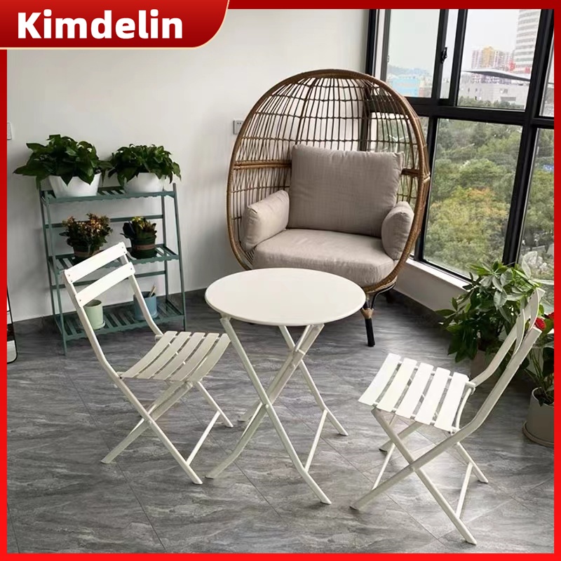 KIMDELIN Luxury Bistro ชุด 3 ชิ้น Heavy-Duty พับสวนโต๊ะและเก้าอี้ลานกลางแจ้งระเบียงเฟอร์นิเจอร์สวน 1 รอบตารางและ 2 เก้าอี้
