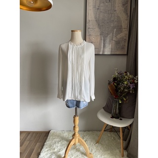 🤍 White Pleats x Crochet Chiffon Blouse