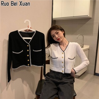 Ruo Bei Xuan เสื้อคาร์ดิแกนแขนยาวกระดุมแถวเดียวสำหรับผู้หญิง