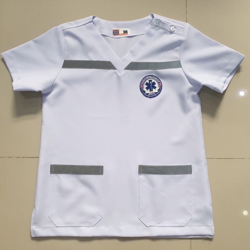 เสื้อพยาบาลEMSคอวีสีขาวแถบหน้าหลัง