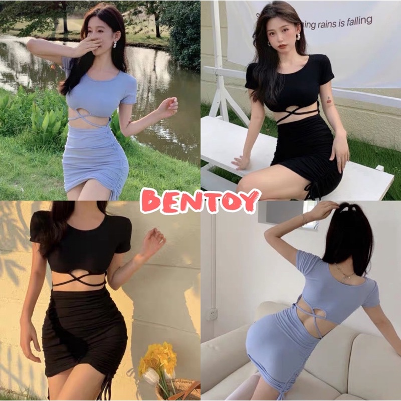 Bentoy(8428)ชุดเดรสแขนสั้นรัดรูป คอกลม โชว์เอวเซ็กซี่ ดีเทลสายรุดสองข้าง