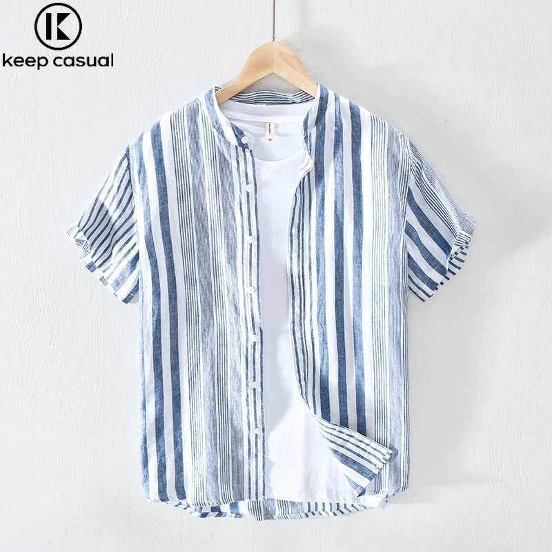 Keep Niche Pure Linen Striped Stand-Up Collar เสื้อครึ่งแขนผู้ชายอินเทรนด์หลวมชายหาดญี่ปุ่นรอบคอบางส