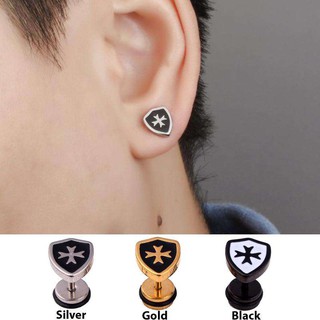 ต่างหู ตุ้มหู จิว ต่างหูผู้ชาย Punk Hip Hop Shield Shape Stainless Steel Cross Stud Earrings Jewelry  - 1 ข้าง