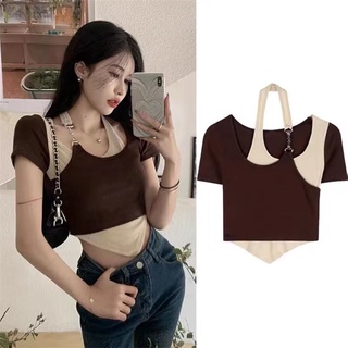 เสื้อยืดแขนสั้น คอผูกเชือก ทรงไม่สมมาตร เข้ากับทุกการแต่งกาย แฟชั่นสําหรับผู้หญิง