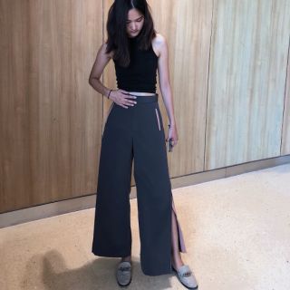 [NG] กางเกงขายาวเอวสูง S.EAM - Wide Leg Trouser - SMOKE(NG)