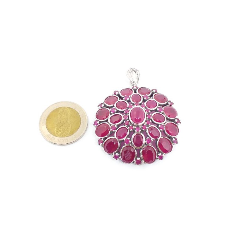 จี้เงิน จี้ดอกไม้ล้อมพลอยแดงทับทิมชาตั้ม พร้อมส่ง