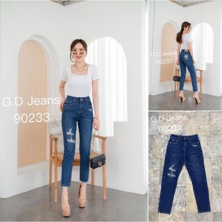 G.D.Jeans รุ่น 90233#กางเกงยีนส์ขายาวผ้าด้านทรงบอยสลิมสีเข้มแต่งขาด