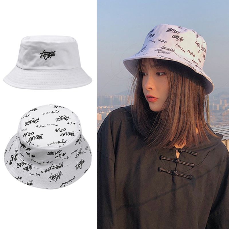 PHILSP Men Reversible Cotton Bucket Hat Harajuku Letters Graffiti Fisherman Cap White 