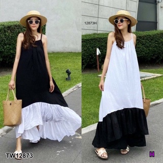 TW12873 Maxi Dress แม็กซี่เดรสสายเดี่ยว แต่งชายตัดต่อผ้าสีทูโทน หน้าสั้น-หลังยาว มีซับใน ทรงดีงามมากก ใส่สวยจีจี